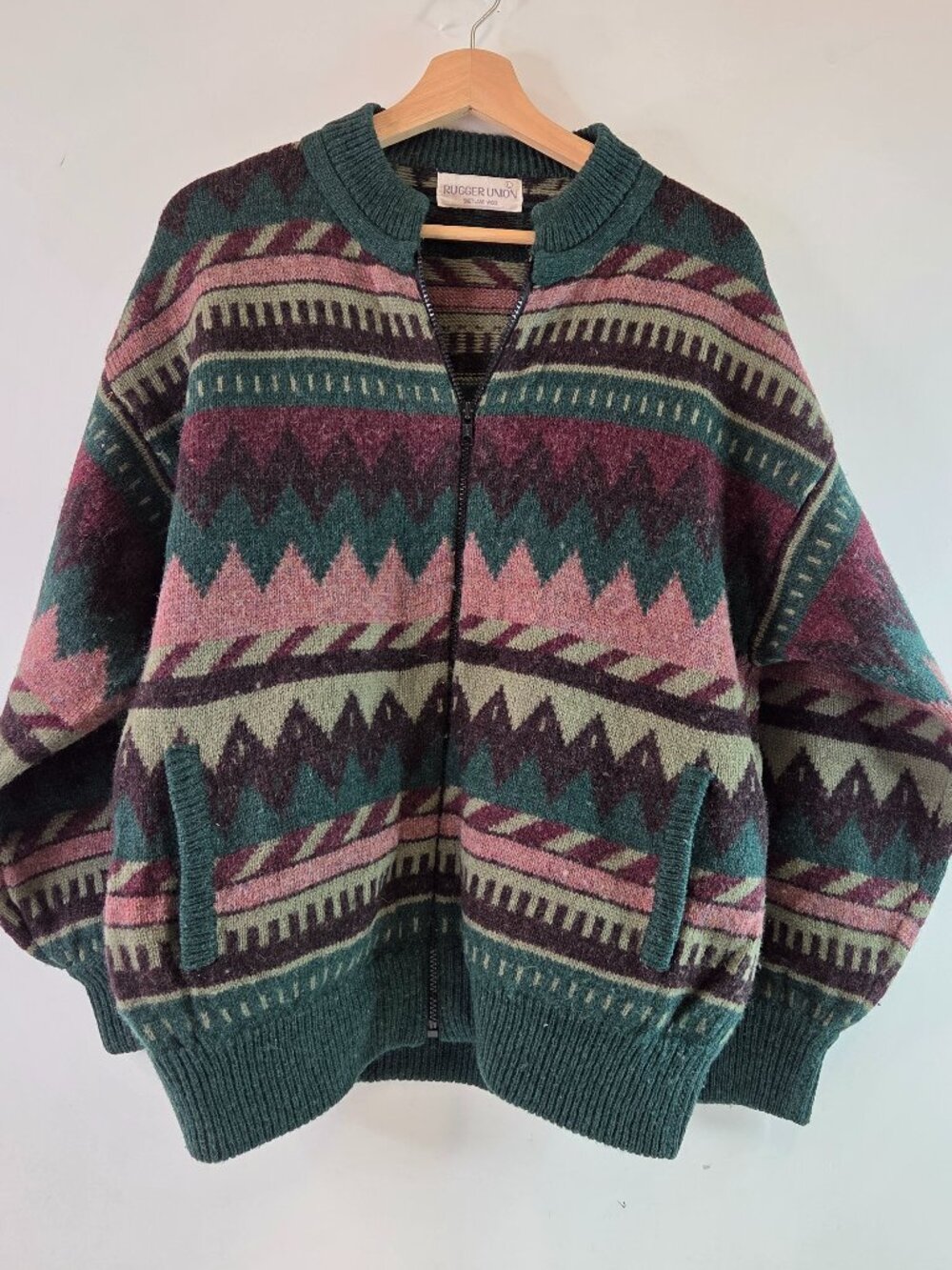 Rugger Union Shetland Wool Cardigan Sweater Mens Large Geometric Vintage Green